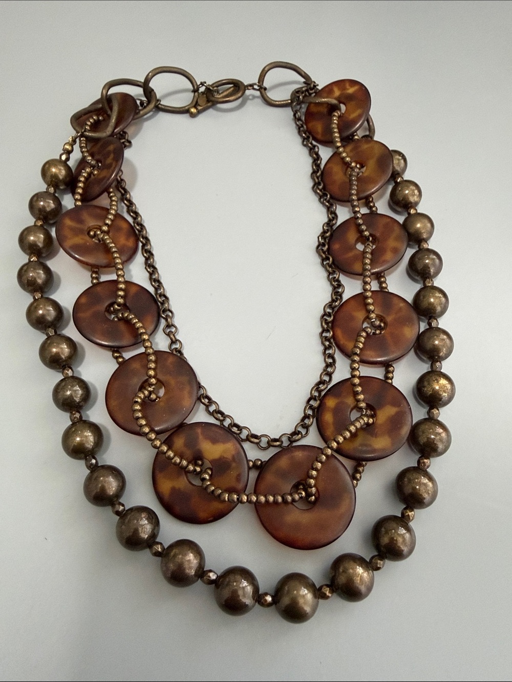 Premier Designs Bronze Tone Faux Tortoise Shell Disc Multi Strand Necklace